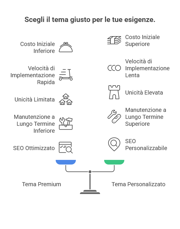 Infografica sul confronto tra tema pronto e tema custom nel web marketing di un sito WordPress