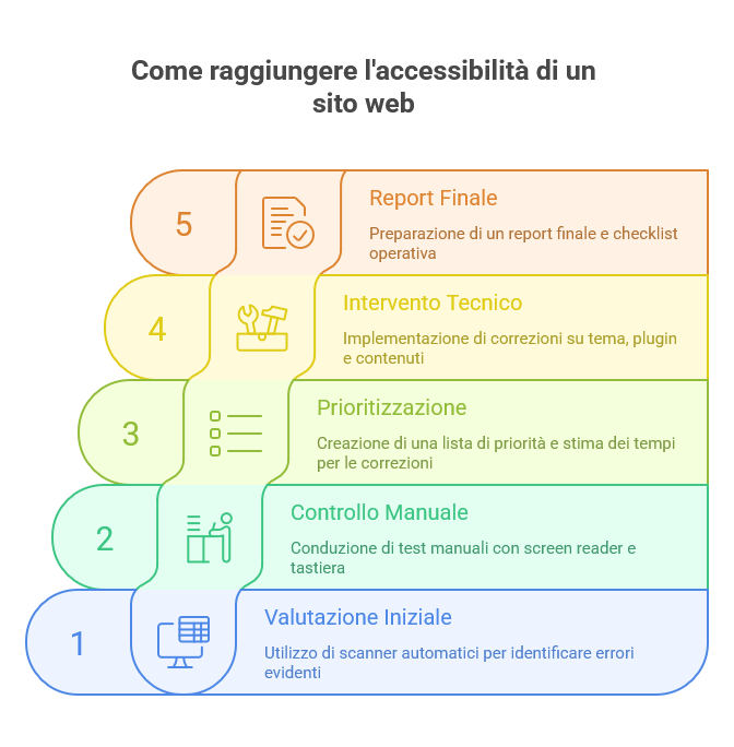 Infografica che evidenzia il flusso di un audit sull'accessibilità di un sito WordPress