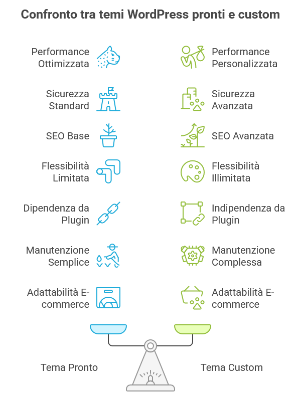 Infografica sul confronto tra tema custom e tema pronto per un sito WordPress